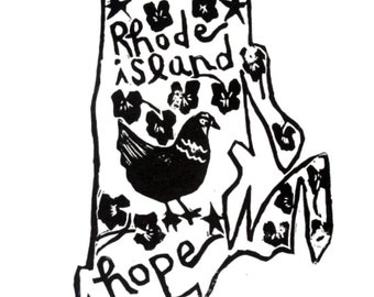 Rhode Island state linoleum block print with text + state bird and flowers - 9"x12" wall art