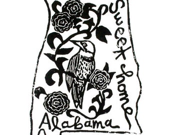 Alabama state linoleum block print with text + state bird and flower - 9"x12" wall art