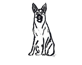 german shepherd - dog breed - linoleum block print - 9”x12” wall art