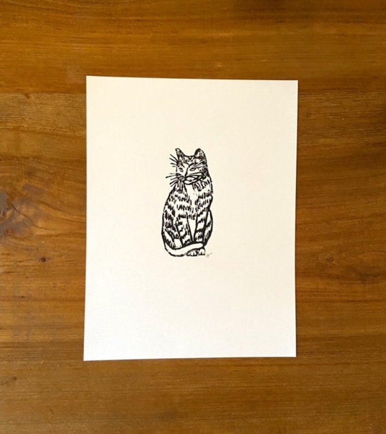 cat tabby linoleum block print 9x12 wall art image 2