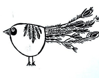 funny bird - linoleum block print - 9" x 12" wall art