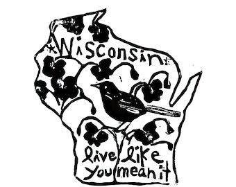 Wisconsin state linoleum block print with text + state bird and flower - 9"x12" wall art