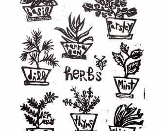 herbs - linoleum block print - 9”x12” wall art