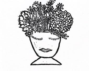 vase with a face full of flowers / linoleum block print / 9"x12" wall art