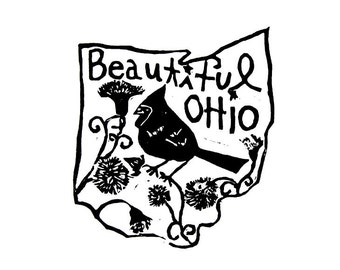 Ohio state linoleum block print with text + state bird and flower - 9"x12" wall art