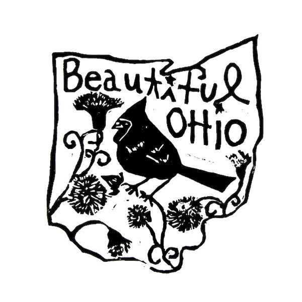 Ohio state linoleum block print with text + state bird and flower - 9"x12" wall art