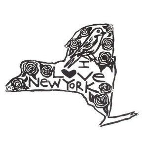 New York state linoleum block print with text + state bird and flower - 9"x12" wall art