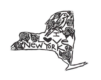 New York state linoleum block print with text + state bird and flower - 9"x12" wall art