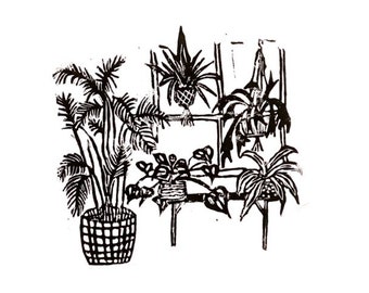 plants in window - linoleum block print - hand printed 9"x12" wall art