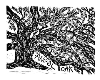 angel oak tree - linoleum block print - 11"x14" wall art