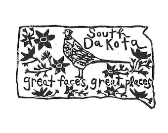 South Dakota state linoleum block print with text + state bird and flower - 9"x12" wall art