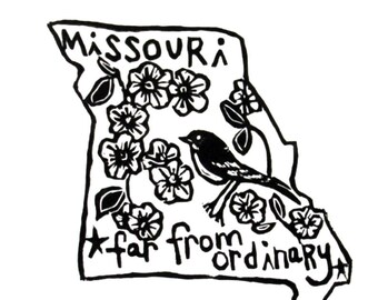 Missouri state linoleum block print with text + state bird and flower - 9"x12" wall art