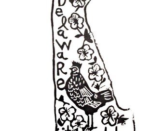 Delaware state linoleum block print with text + state bird and flower - 9"x12" wall art