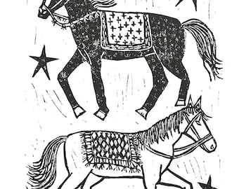 horses - linoleum block print - 11”x14” wall art