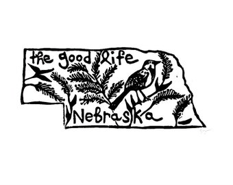 Nebraska state linoleum block print with text + state bird and flower - 9"x12" wall art