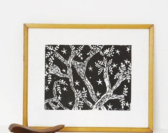 evening trees linoleum block print - 11" x 14" wall art