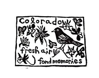 Colorado state linoleum block print with text + state bird and flower - 9"x12" wall art