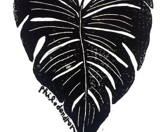 philodendron leaf - linoleum block print - 11"x14" wall art