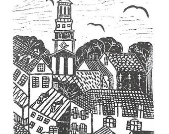 charleston aerial view - linoleum block print - 11"x14" wall art