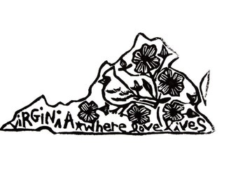 Virginia state linoleum block print with text + state bird and flower - 9"x12" wall art