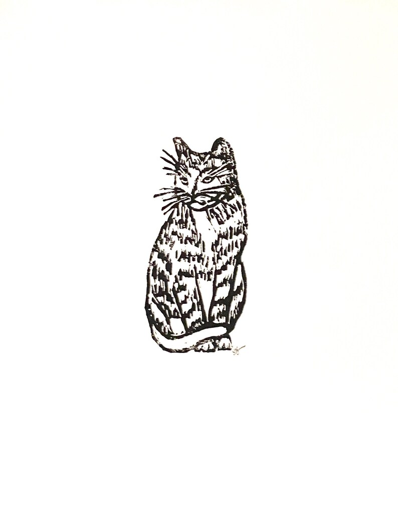 cat tabby linoleum block print 9x12 wall art image 1