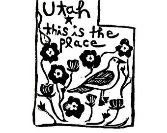 Utah state linoleum block print with text + state bird and flower - 9"x12" wall art