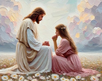 Jesus and Girl Praying, Jesus with Girl Art, Girly Christian Prints, Female Bible Art, Women LDS Art, LDS Painting for Women, Jesus Art