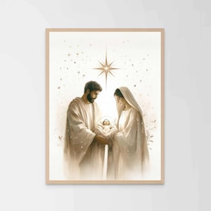 Star of Bethlehem, Christian Art, Birth of Jesus, Nativity Art, Joseph Mary and Baby Jesus, Christmas Art Bible Wall Art, Christian Painting