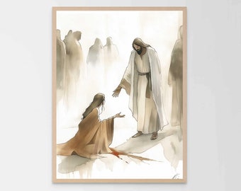 Jesus cura a mulher sangrando, Arte de parede cristã, Jesus cura uma mulher, Arte de Jesus, Pintura SUD, Pintura da Bíblia, Jesus e menina, Jesus PNG