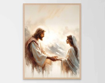 Trust Jesus, Modern Christian Art, Jesus with Girl, Jesus Wall Art, LDS Painting, Bible Wall Art, Jesus and Woman, Christian Watercolor Art