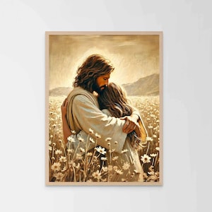 Zijn omhelzing, christelijke kunst, Jezus knuffelend meisje, Jezus schilderij, LDS-kunst, Bijbelkunst aan de muur, Christelijk kunstwerk, Jezuskunst, Christelijke foto