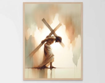 十字架を背負うイエス、キリスト教の絵画、イエスの壁画、聖書の