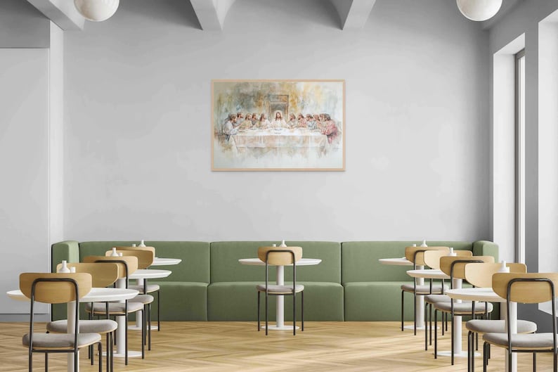 May include: A watercolor painting depicting the Last Supper, featuring Jesus and his disciples gathered around a table. The painting is framed and displayed on a wall in a modern interior setting.