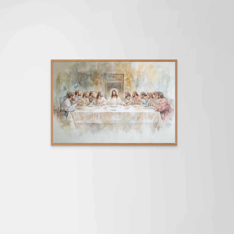 May include: A watercolor painting depicting the Last Supper, featuring Jesus and his disciples seated around a table. The painting is framed in a light wood frame.