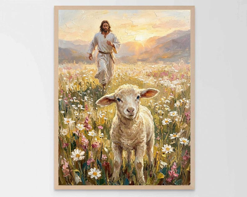 K&ouml;nnte beinhalten: Gerahmtes Gem&auml;lde, das eine Figur in wei&szlig;en Gew&auml;ndern zeigt, die durch ein Feld mit Wildblumen auf ein Lamm zul&auml;uft. Das Kunstwerk hat eine warme Farbpalette mit einem Sonnenuntergang im Hintergrund. Das Lamm befindet sich im Vordergrund.