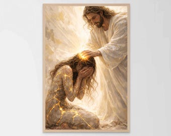 Von ihm geheilt, christliche Kunst, Jesus und die Frau, Jesus Druck, LDS Kunst, Bibel Kunst, Jesus mit Mädchen, Jesus Wandkunst, religiöse Drucke, Jesus Kunst