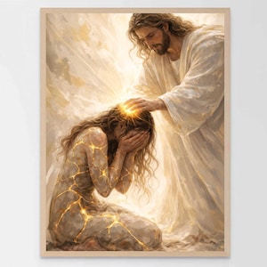 May include: A framed art print depicts a spiritual scene. A figure in white robes touches the head of a person kneeling, with golden cracks in their form. The artwork is rendered in warm, golden tones, suggesting healing and comfort.
