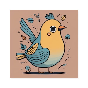 May include: A cartoon illustration of a blue and yellow bird with a large, round body and a small beak. The bird is surrounded by small, stylized leaves and other abstract shapes.