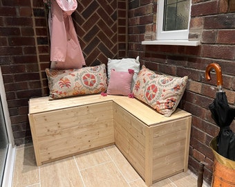 Wooden porch bench with storage