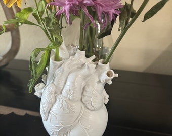 White anatomical flower vase - unique at home table decor - gift for mom - pretty flower bouquet for her - heart vase - free shipping sale