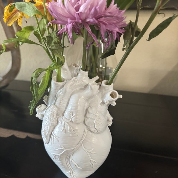 White anatomical flower vase - unique at home table decor - gift for mom - pretty flower bouquet for her - heart vase - free shipping sale