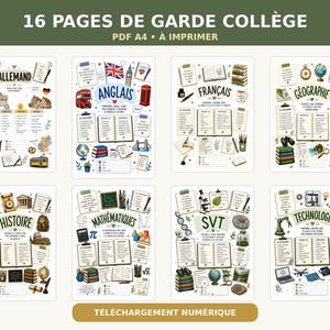 Könnte beinhalten: Eine digitale Sammlung von 16 druckbaren A4-Deckblättern für Schulfächer, die Themen wie Deutsch, Englisch, Französisch, Geografie, Geschichte, Mathematik, Naturwissenschaften und Technik mit passenden Symbolen und Texten illustrieren.