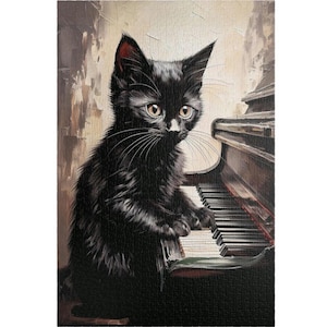 Black Cat Piano Jigsaw Puzzle: Whimsical Art for Music Lovers (1000 Piece Option Available