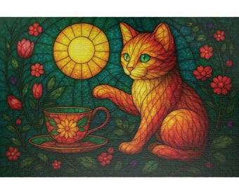 Stained Glass Cat Jigsaw Puzzle: Tea Time Floral Art, 1000 Piece