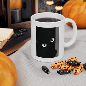Black Cat Coffee Mug – Minimalist Ceramic Cup for Cat Lovers, Halloween Gift Idea