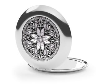 Monochrome Floral Compact Mirror – Stained Glass Art Nouveau Pocket Makeup Mirror