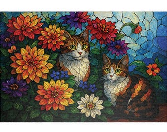 Stained Glass Cat Jigsaw Puzzle: Dahlia Mosaic Art - 1000 Piece