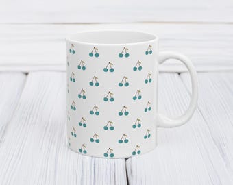 Retro Blue Cherry Ceramic Coffee Mug – Fruit Pattern Kitchen Decor