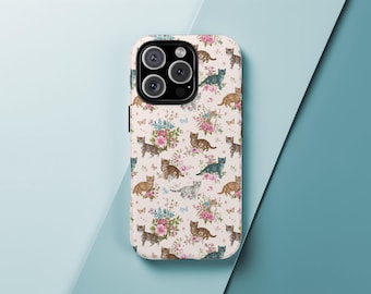 Cat and Floral Phone Case – Pastel Nature Motif Protective Cover