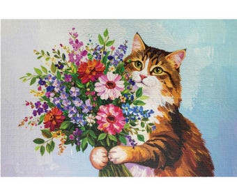 Bouquet Cat Jigsaw Puzzle: Floral Feline Art, Relaxing Activity
